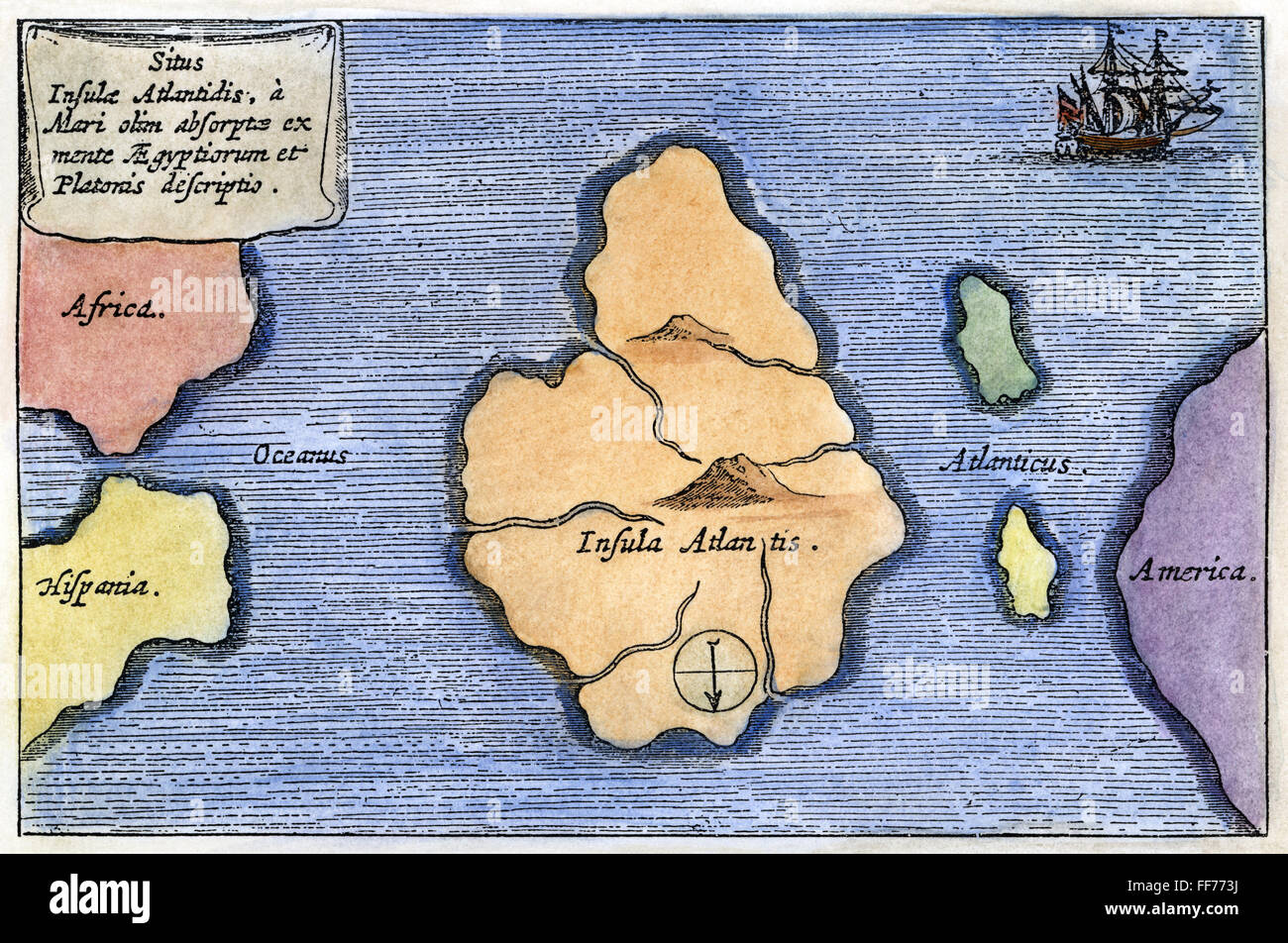 Mappa di Atlantide, 1678. /NAtlantis come una grande isola a metà tra le colonne d'Ercole e America è rappresentato in questa mappa da Athanasius Kircher, "mundus subterraneus', 1678. Foto Stock