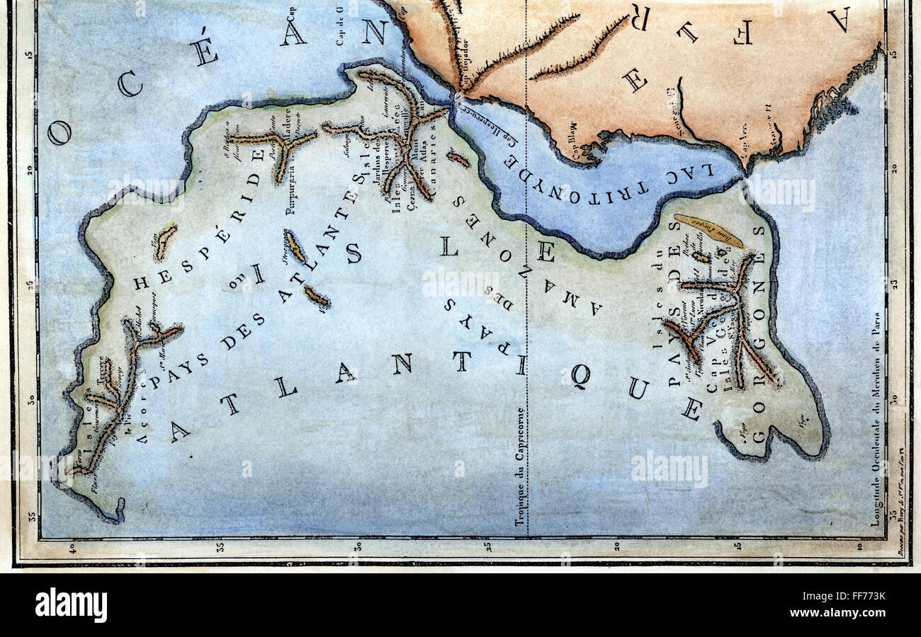 Mappa di Atlantide. /NMap di Atlantide da Jean Baptiste Bory de San Vincenzo "Essais sur les isles Fortunees", Parigi, Francia, 1803. Foto Stock