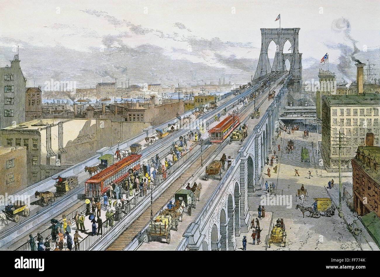 Il ponte di Brooklyn il traffico. /NTraffic sul ponte di Brooklyn è cinque fianco a fianco le strade--due per a cavallo il veicoli, due per i treni e uno per i pedoni--poco dopo la sua apertura nel 1883: Contemporanea incisione colorata. Foto Stock