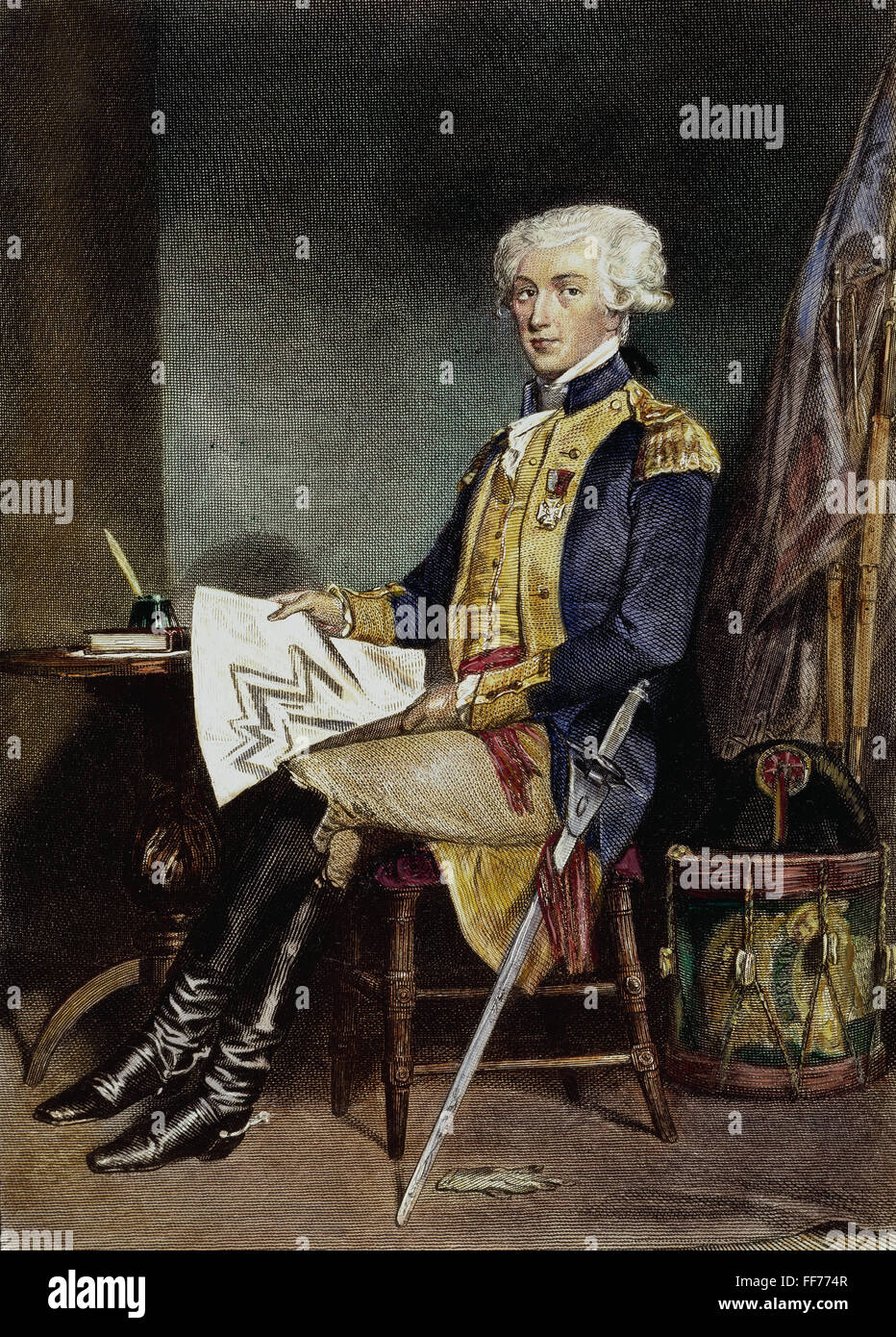 Il marchese de LAFAYETTE /nquando una maggiore generale nell'esercito continentale. Incisione in acciaio, American, secolo XIX, dopo Alonzo Chappel. Foto Stock