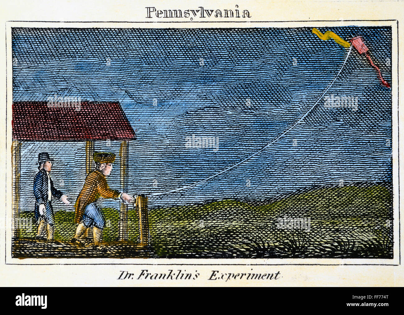 BENJAMIN FRANKLIN /n(1706-1799). American printer, editore, scienziato, inventore, statista e diplomatico. /NFranklin, assistito dal suo figlio Guglielmo, comprovanti l'identità del fulmine e elettricità da parte sua ha celebrato il kite e esperimento chiave di giugno 1752. C Foto Stock