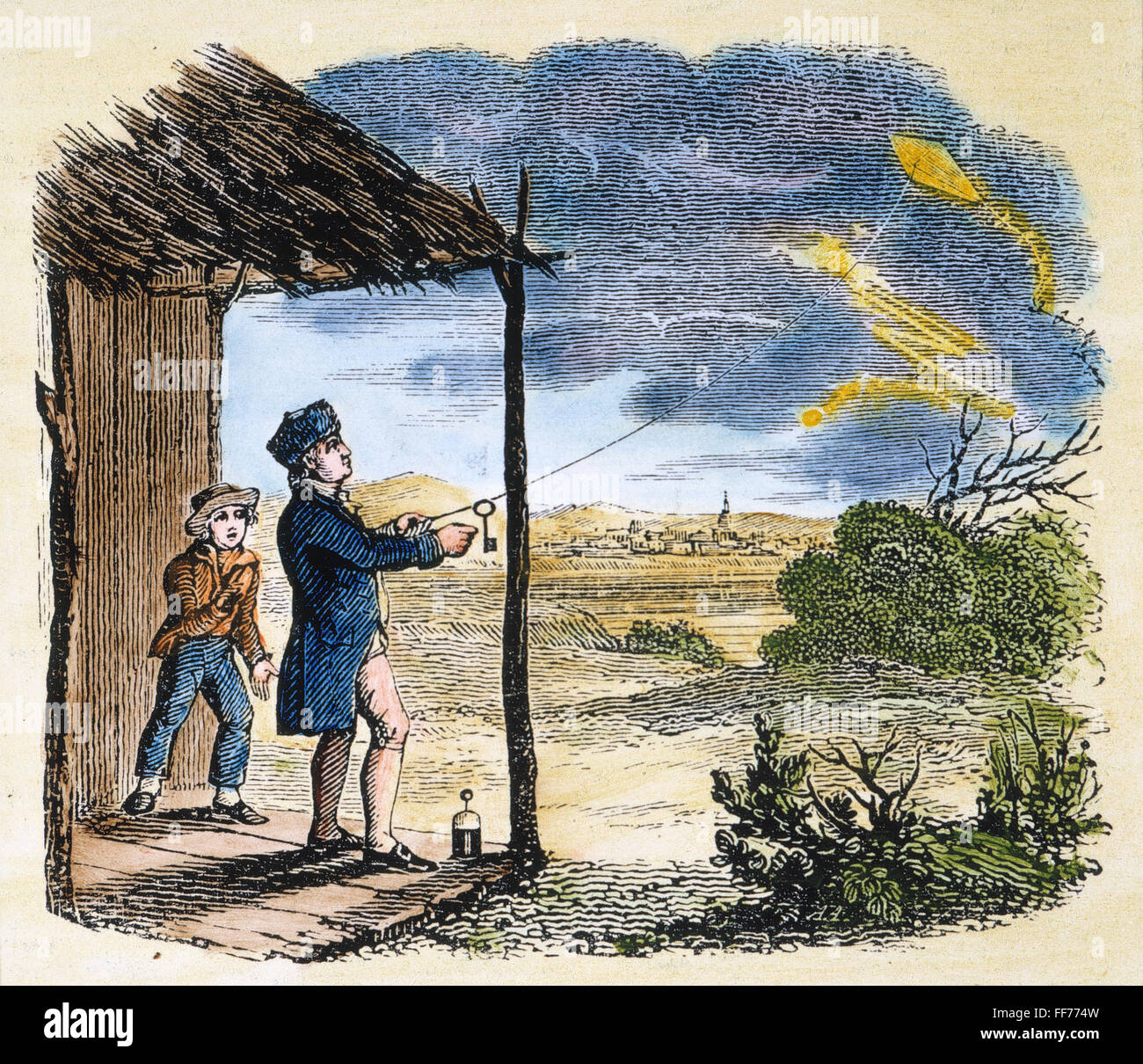 BENJAMIN FRANKLIN /n(1706-1790). American printer, editore, scienziato, inventore, statista e diplomatico. /NFranklin, assistito dal suo figlio Guglielmo, comprovanti l'identità del fulmine e elettricità da parte sua ha celebrato il kite e esperimento chiave di giugno 1752. C Foto Stock