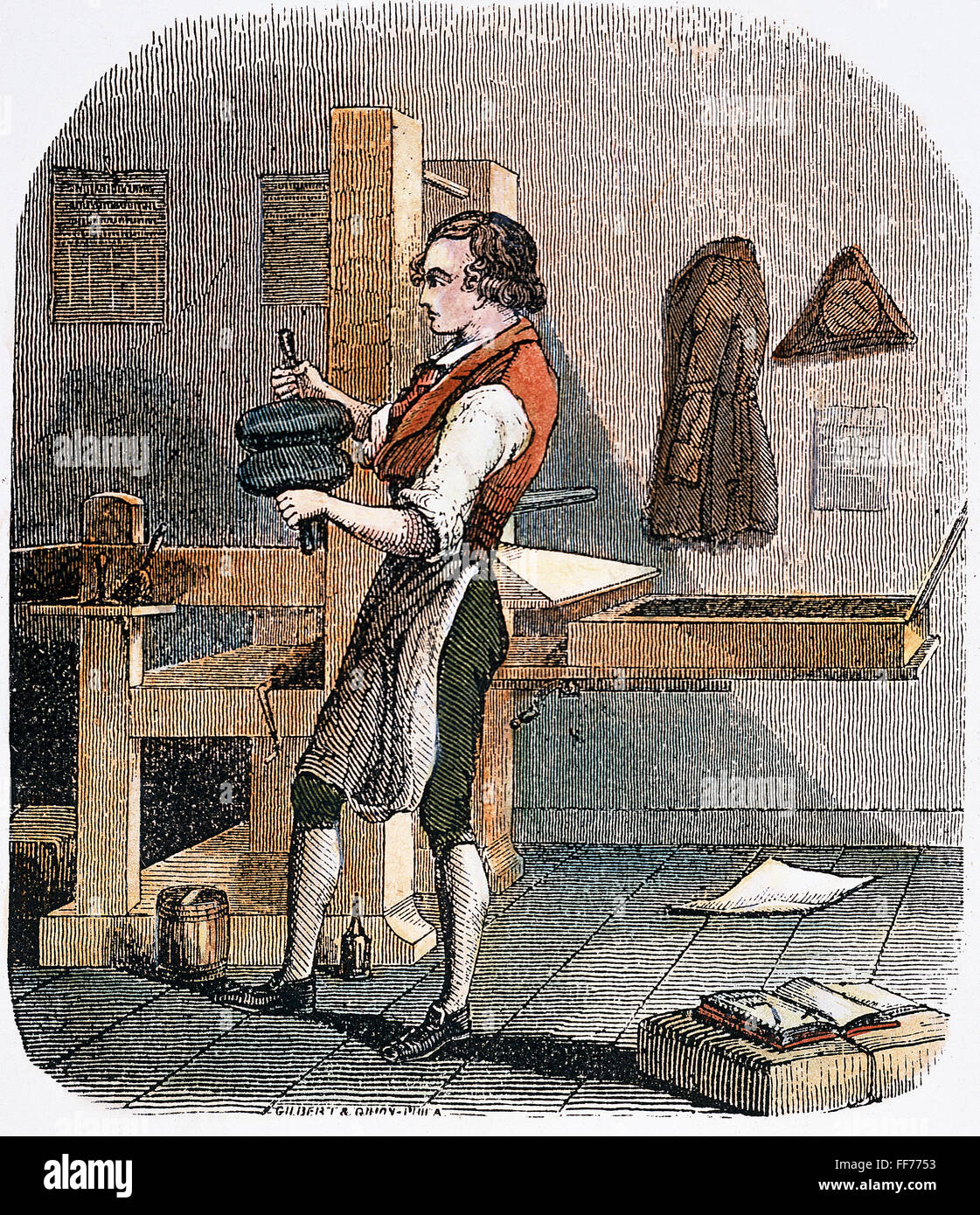 BENJAMIN FRANKLIN /n(1706-1790). American printer, editore, scienziato, inventore, statista e diplomatico. Franklin come una stampante giovane apprendista: American incisione, xix secolo. Foto Stock