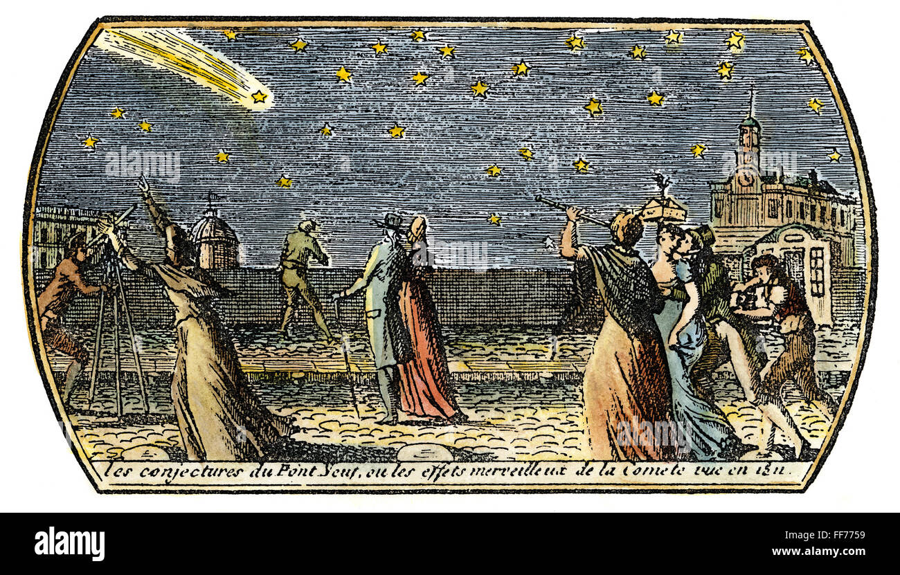 La cometa del 1812./nSeen dal Pont Neuf a Parigi. Francese contemporanea incisione colorata. Foto Stock