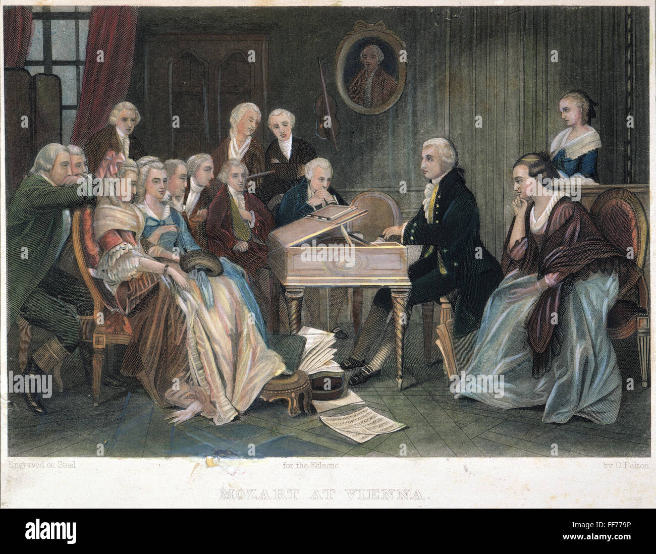 WOLFGANG Amadeus MOZART /n(1756-1791). Mozart la riproduzione dal cliente della sua opera 'Dsu Giovanni' nel 1787 per un pubblico di viennese di nobili e artisti. Incisione in acciaio, c1850. Foto Stock