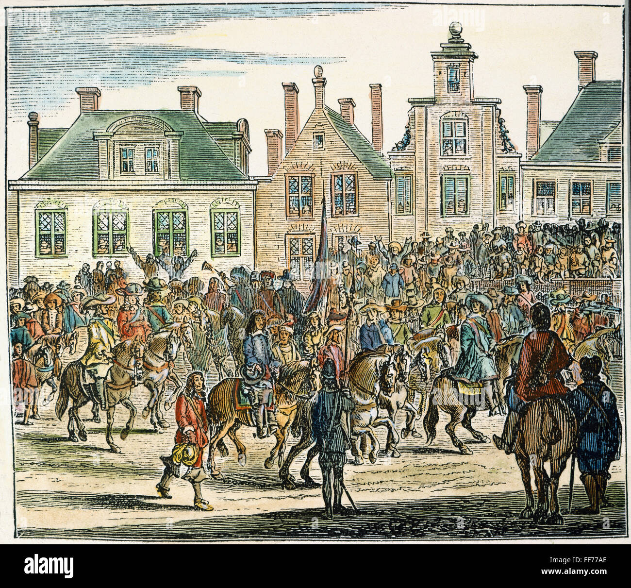 Carlo II di ritorno. /Nil entrata del re Carlo II d'Inghilterra a Londra il 29 maggio 1660. Incisione colorata dopo una contemporanea olandese di incisione. Foto Stock