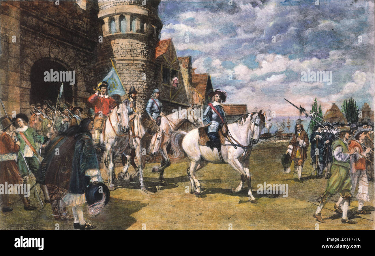 PETER STUYVESANT, 1664. /NSurrendering New Amsterdam al British Su settembre 8, 1664: attacco colorati da Carlo X. Harris, 1908. Foto Stock