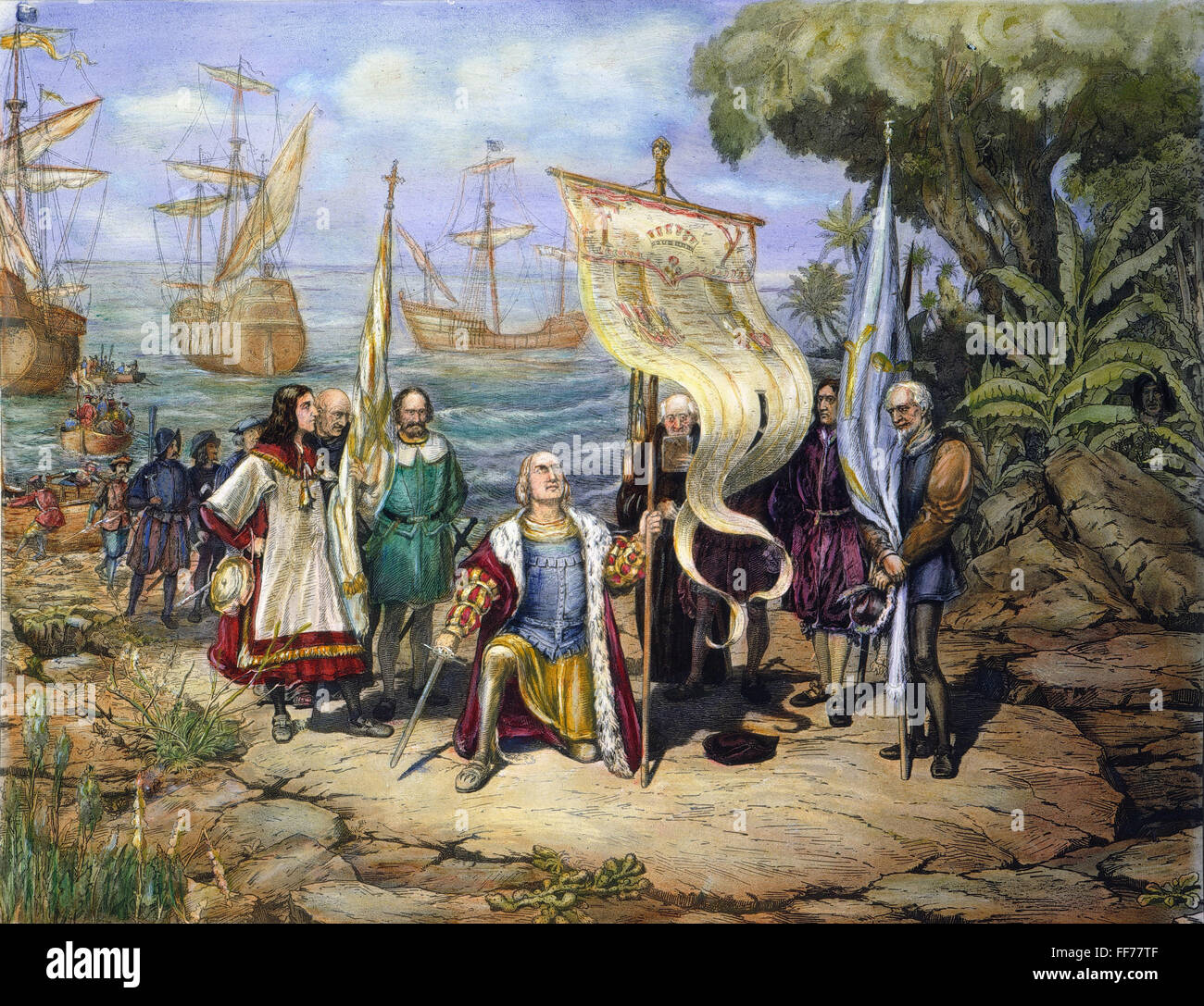 COLUMBUS: San Salvador. /Nil lo sbarco di Colombo a San Salvador (Guanahani) nelle Bahamas, 12 Ottobre 1492: American litografia, 1893. Foto Stock