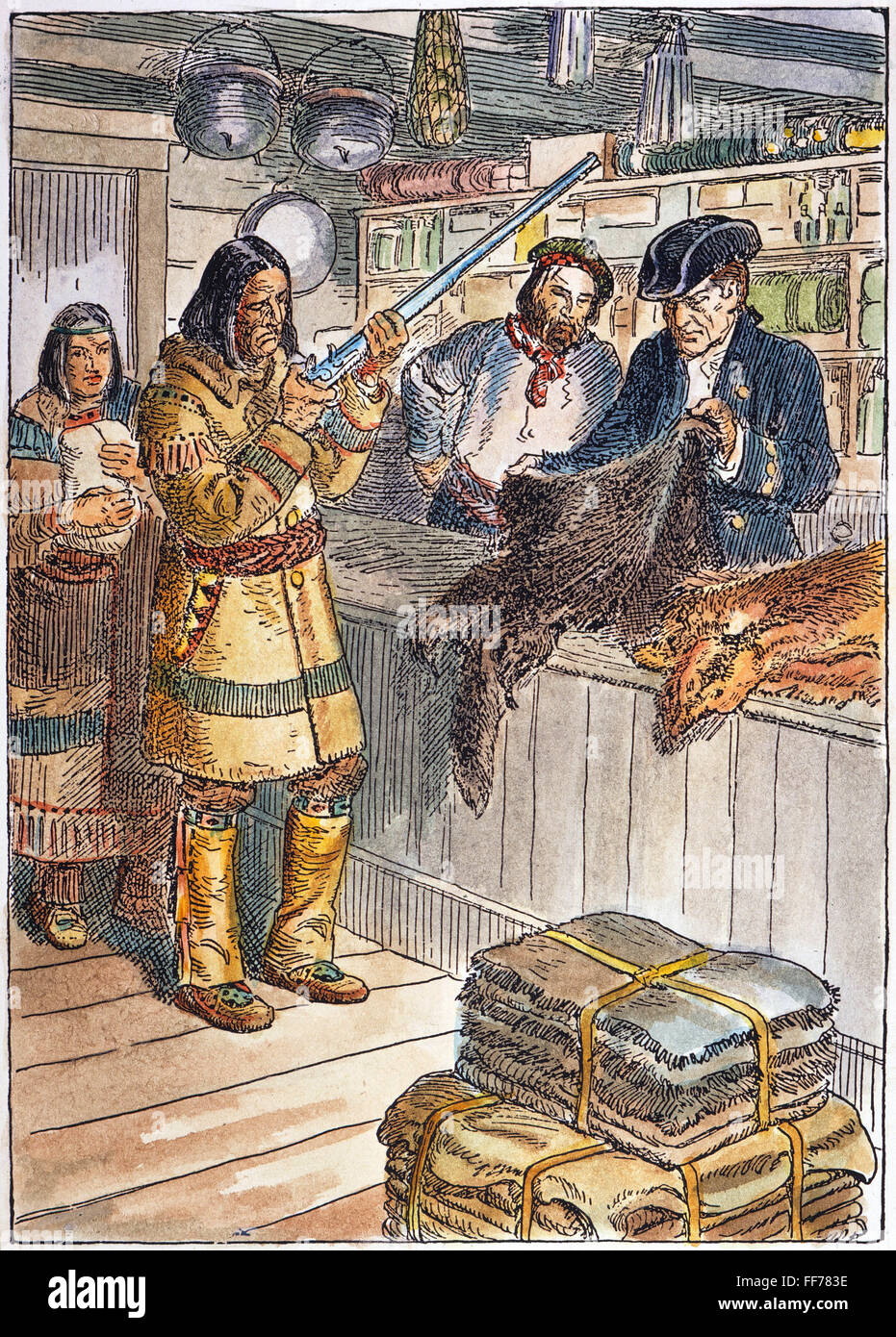 Frontiera Trading Post, 1785. /NA Native American trading pelliccia per pistole a una frontiera trading post, 1785. Disegno di C.W. Jefferys. Foto Stock