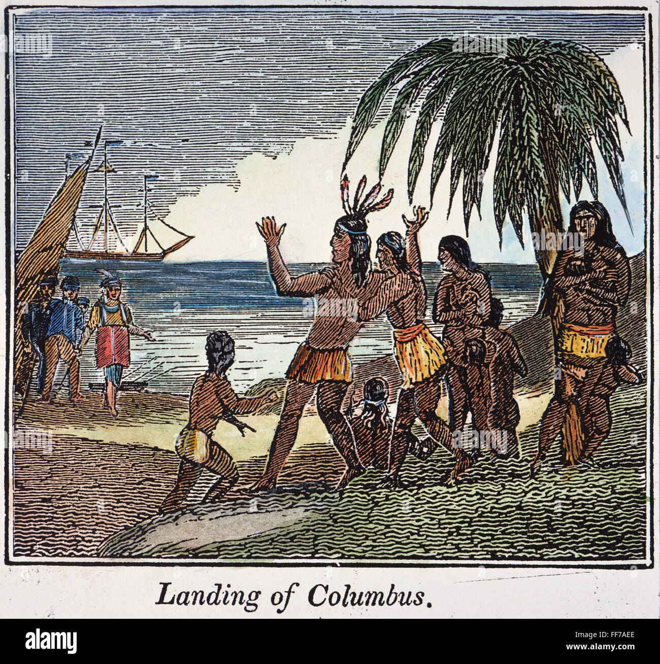COLUMBUS: nuovo mondo, 1492. /Nil lo sbarco di Cristoforo Colombo nel Nuovo Mondo: incisione, inizi del XIX secolo. Foto Stock