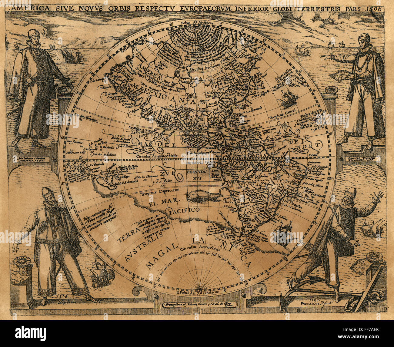 Emisfero Occidentale, 1596. /NTheodore de Bry la mappa dell'emisfero occidentale, 1596, circondato dagli esploratori (in senso orario dalla posizione in alto a sinistra) Colombo, Vespucci, Pizarro, e Magellan. Foto Stock