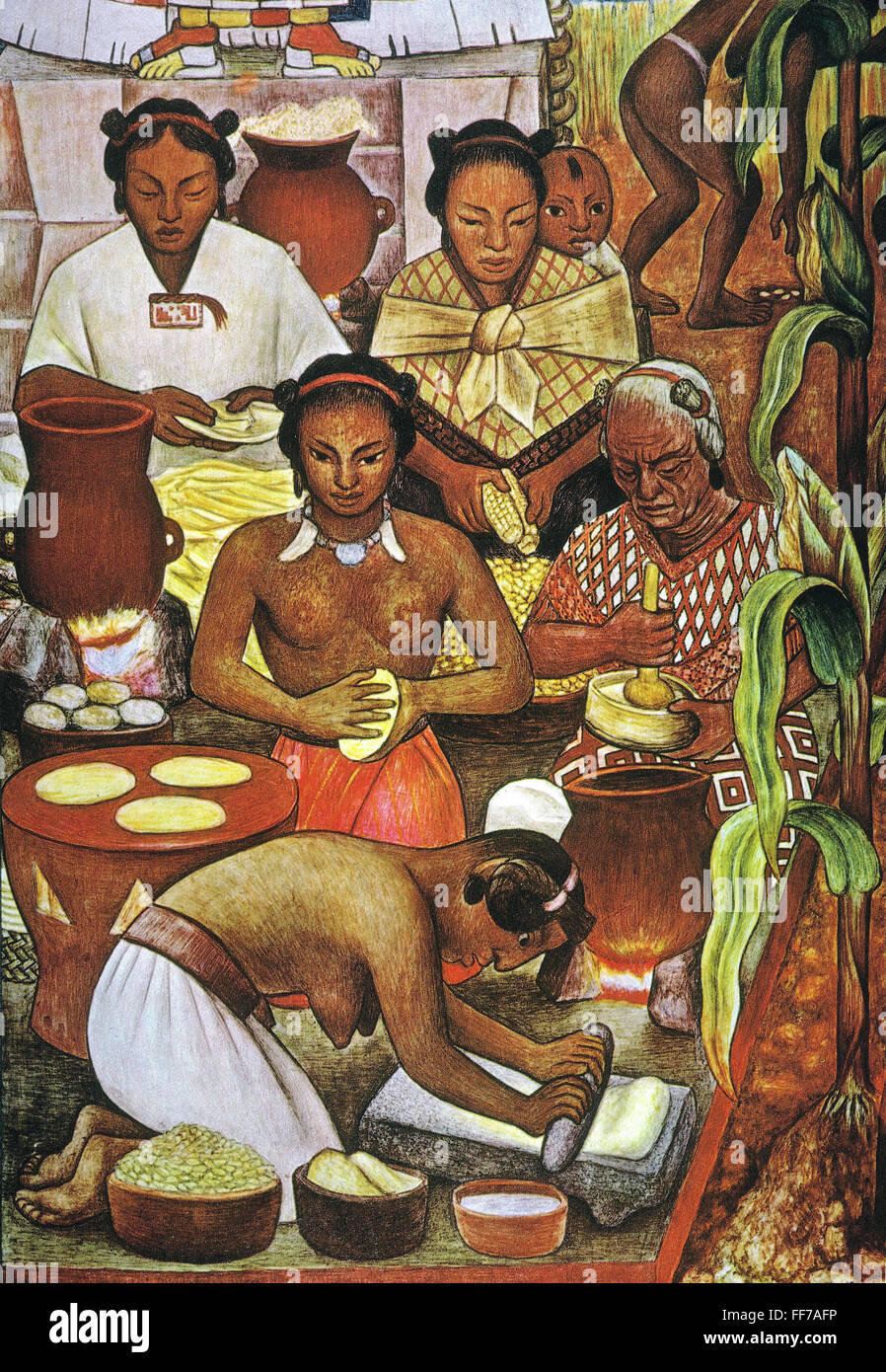 RIVERA: la macinazione del mais. /NDetail da un murale di Diego Rivera che mostra le donne azteca macinazione di mais e rendendo tortillas di farina. Foto Stock