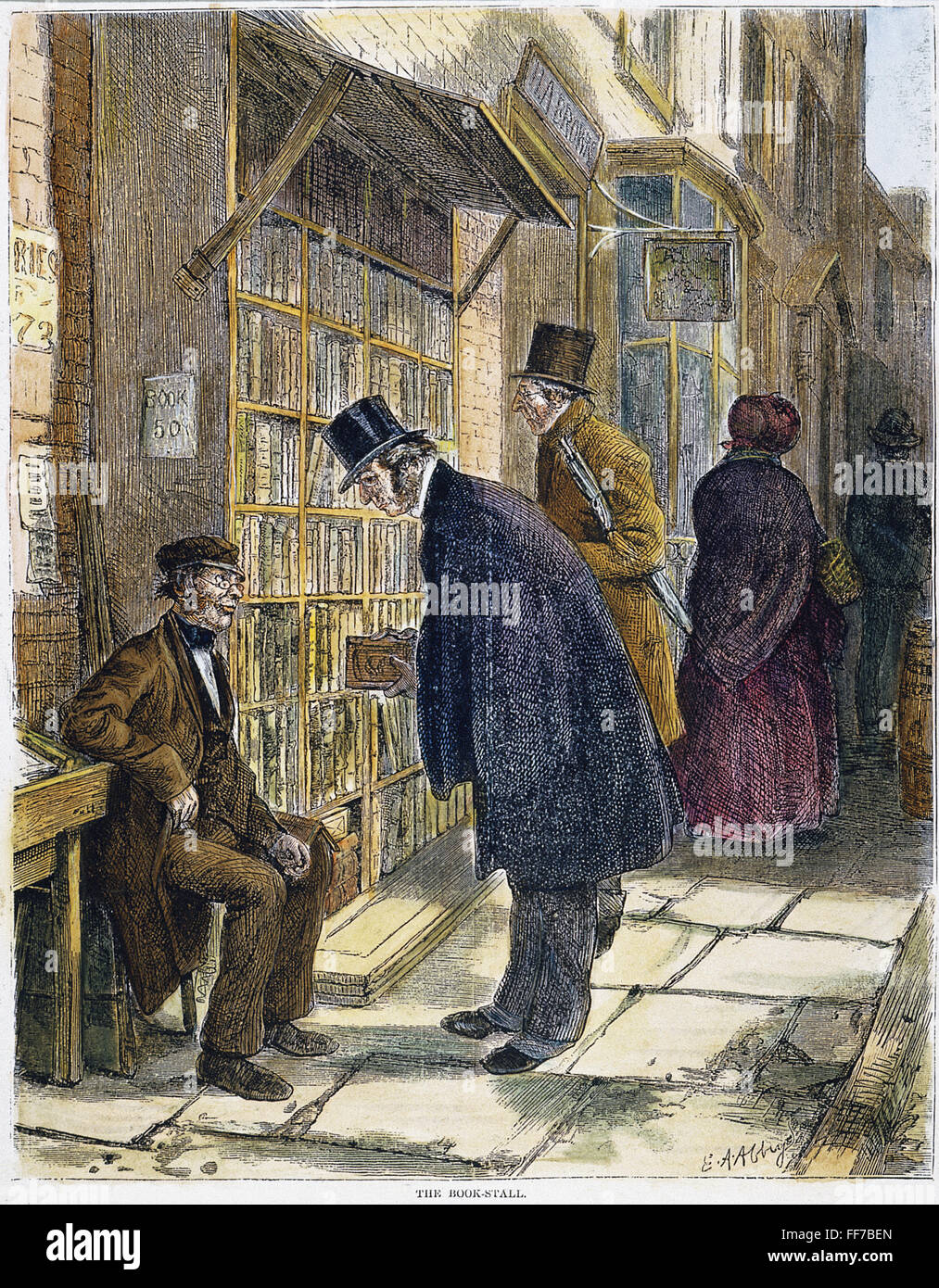 Prenota stallo, 1874. /N'Tegli Book-Stall.' incisione a colori, 1874, dopo Edwin Austin Abbey. Foto Stock