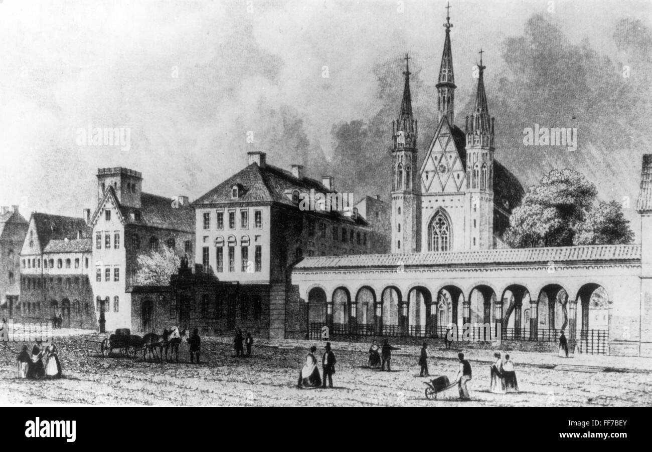 Pedagogia, scuola, palestra zum Grauen Kloster, Klosterstasse, Berlino, vista esterna, litografia, i metà del XIX secolo, apprendimento, costruzione, edifici, strade, Berlino Mitte, Berlino-Mitte, centro, centri, centri, persone, Regno di Prussia, pedagogia, pedagogia, istruzione, scuola, scuole, storia, spazio storico, non sono disponibili ulteriori diritti Foto Stock