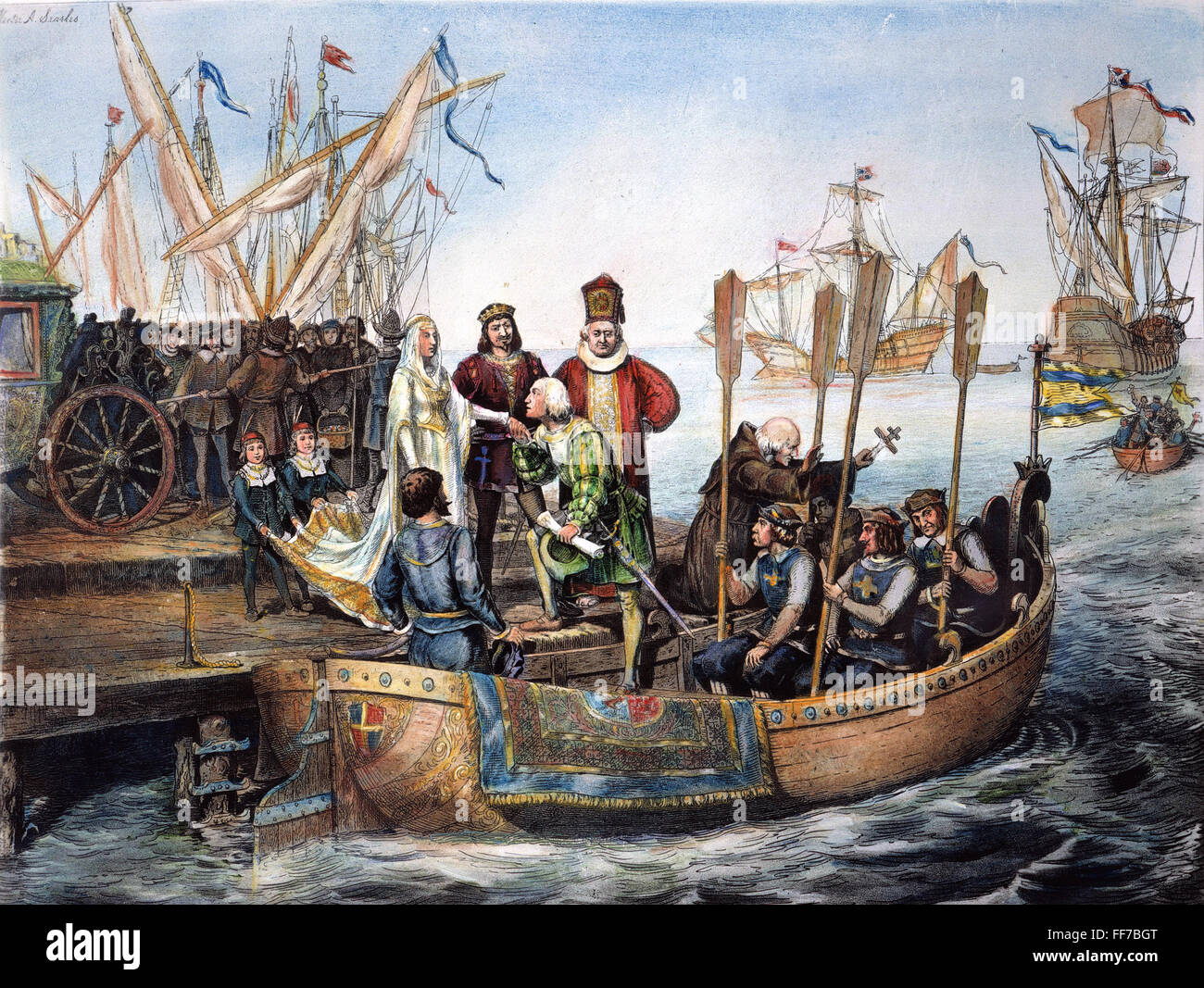 CHRISTOPHER COLUMBUS /n(1451-1506). Navigatore italiano. Columbus in partenza da Palos in Spagna il 3 agosto 1492. Litografia, American, 1893, dopo Victor A. Searles. Foto Stock