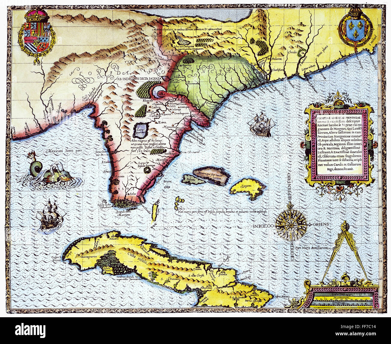 FLORIDA: mappa, 1591. /NEngraving da Theodor de Bry dopo un ora perso disegno da Jacques Le Moyne de Morgues. Foto Stock