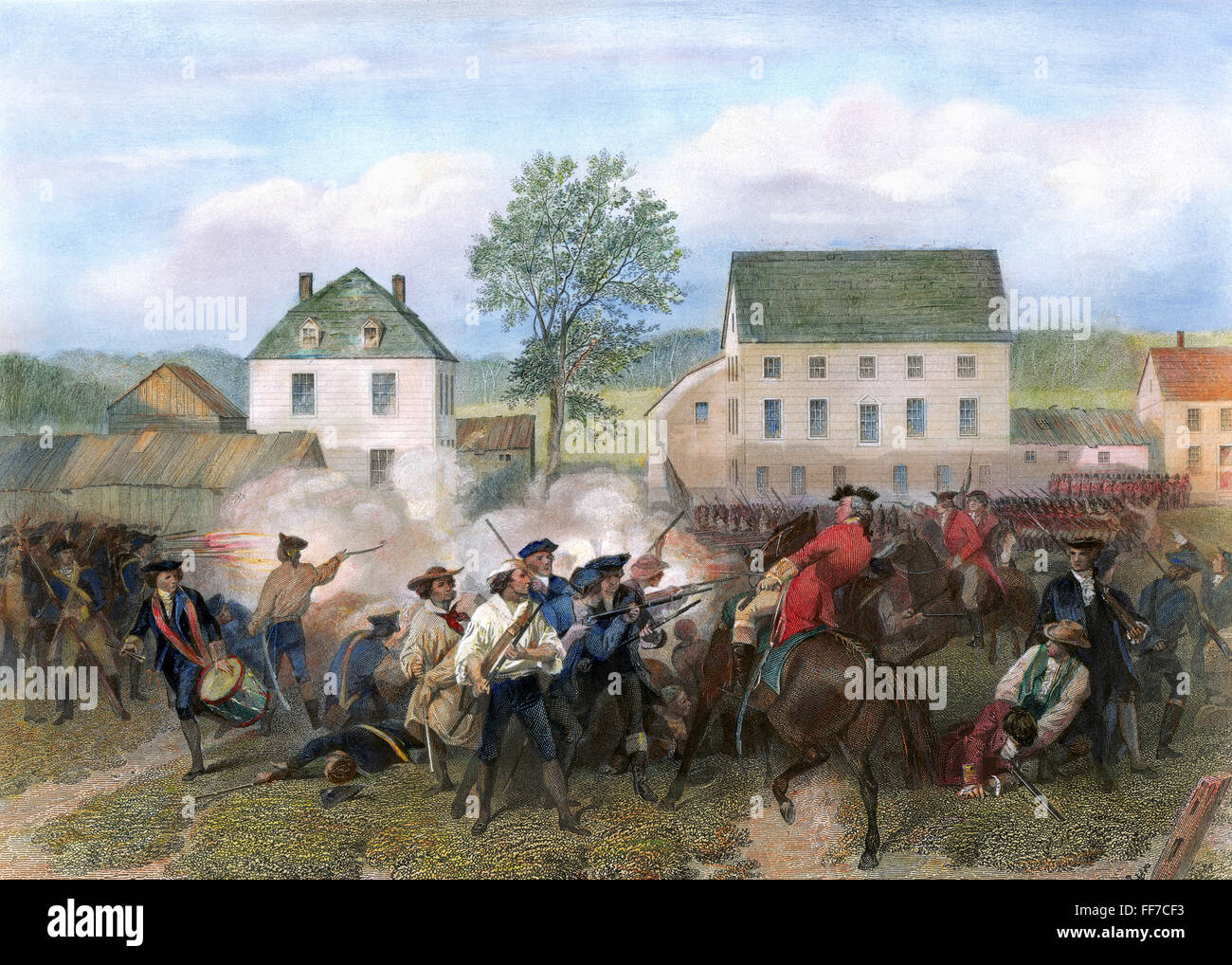 Battaglia di Lexington, 1775. /NBattle di Lexington, Massachusetts, durante la Rivoluzione Americana, 19 aprile 1775. Incisione in acciaio, americano, 1874. Foto Stock