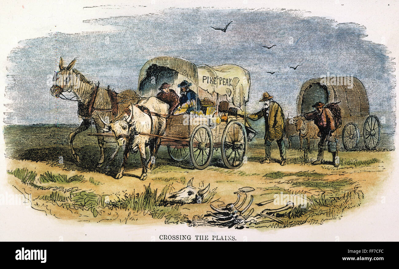 Emigrante partito, 1859. /NA affaticati e disperati emigrante partito attraversando la pianura. Incisione colorata, 1859. Foto Stock