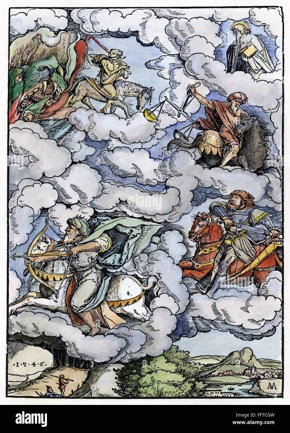 Quattro cavalieri. /Nil quattro cavalieri dell'Apocalisse. Xilografia a colori da Matthias Gerung, 1546. Foto Stock