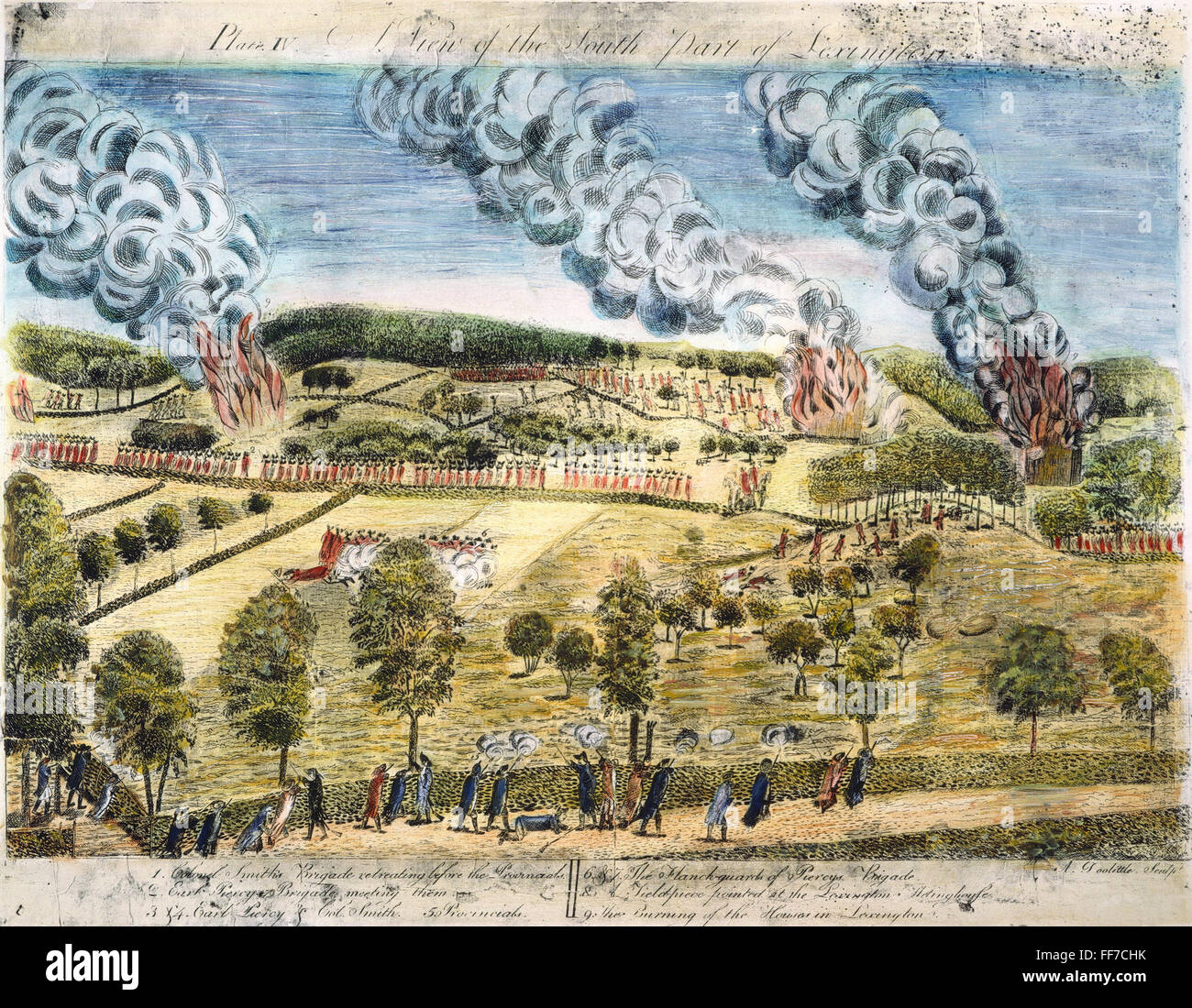 Battaglia di Lexington, 1775. /Nil British disturbato sul loro ritorno a Boston, Massachusetts, in seguito alla battaglia di Lexington, 19 aprile 1775. Incisione da Amos Doolittle, 1775. Foto Stock