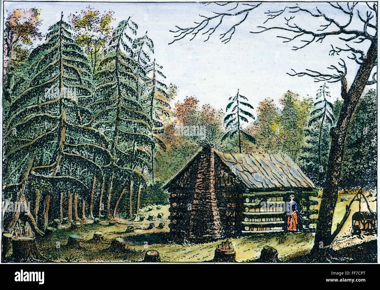 Ovest: Log Cabin, 1826. /NA log cabin in una radura sulla frontiera americana. La linea di incisione, francese, 1826. Foto Stock