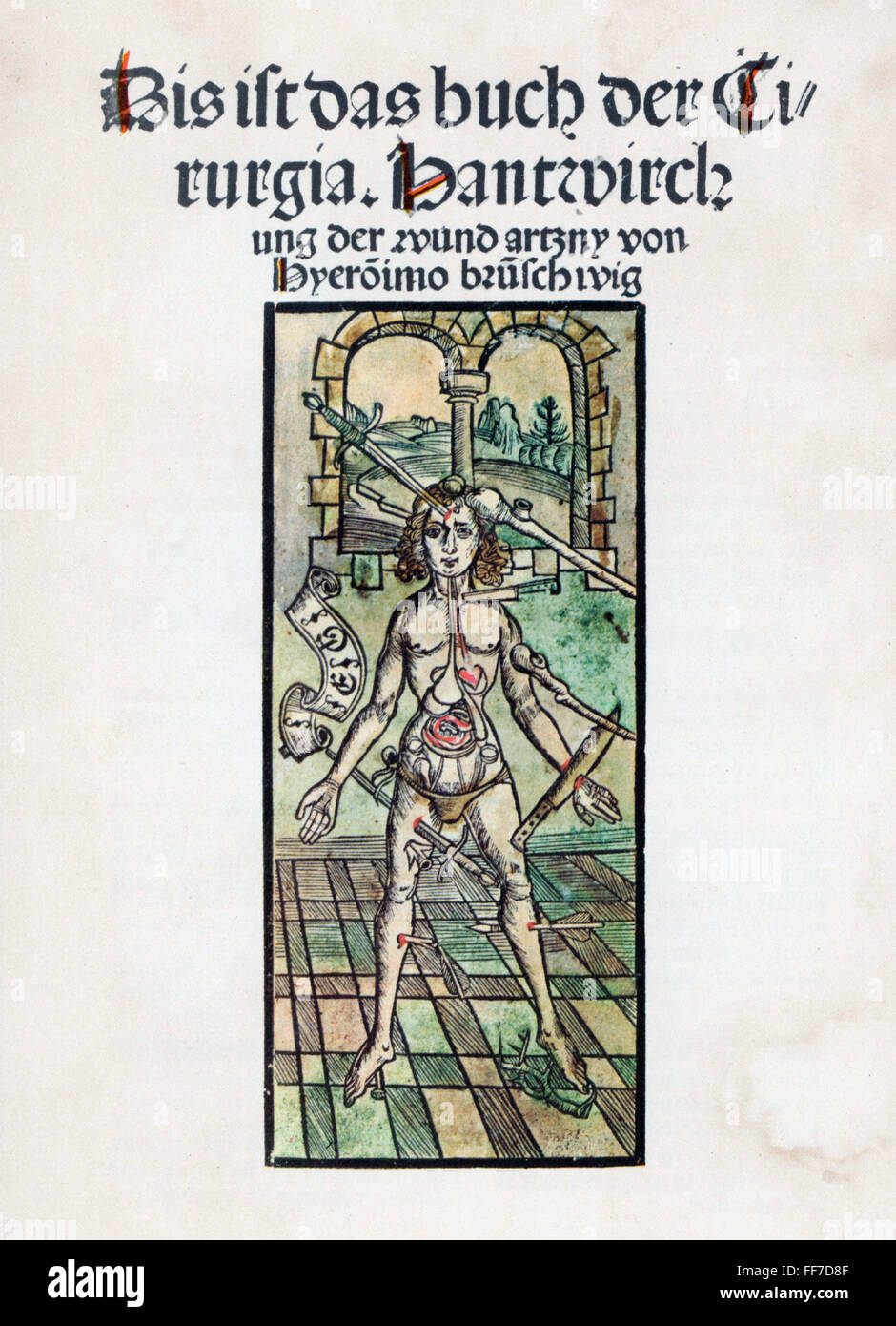 Medicina, libri di testo, 'Das Buch der Cirurgia', di Hieronymus Brunschwig (circa 1450 - circa 1512), pagina del titolo, taglio di legno colorato, stampa: Johann Grüninger, Strasbourg, 1497, diritti aggiuntivi-clearences-not available Foto Stock