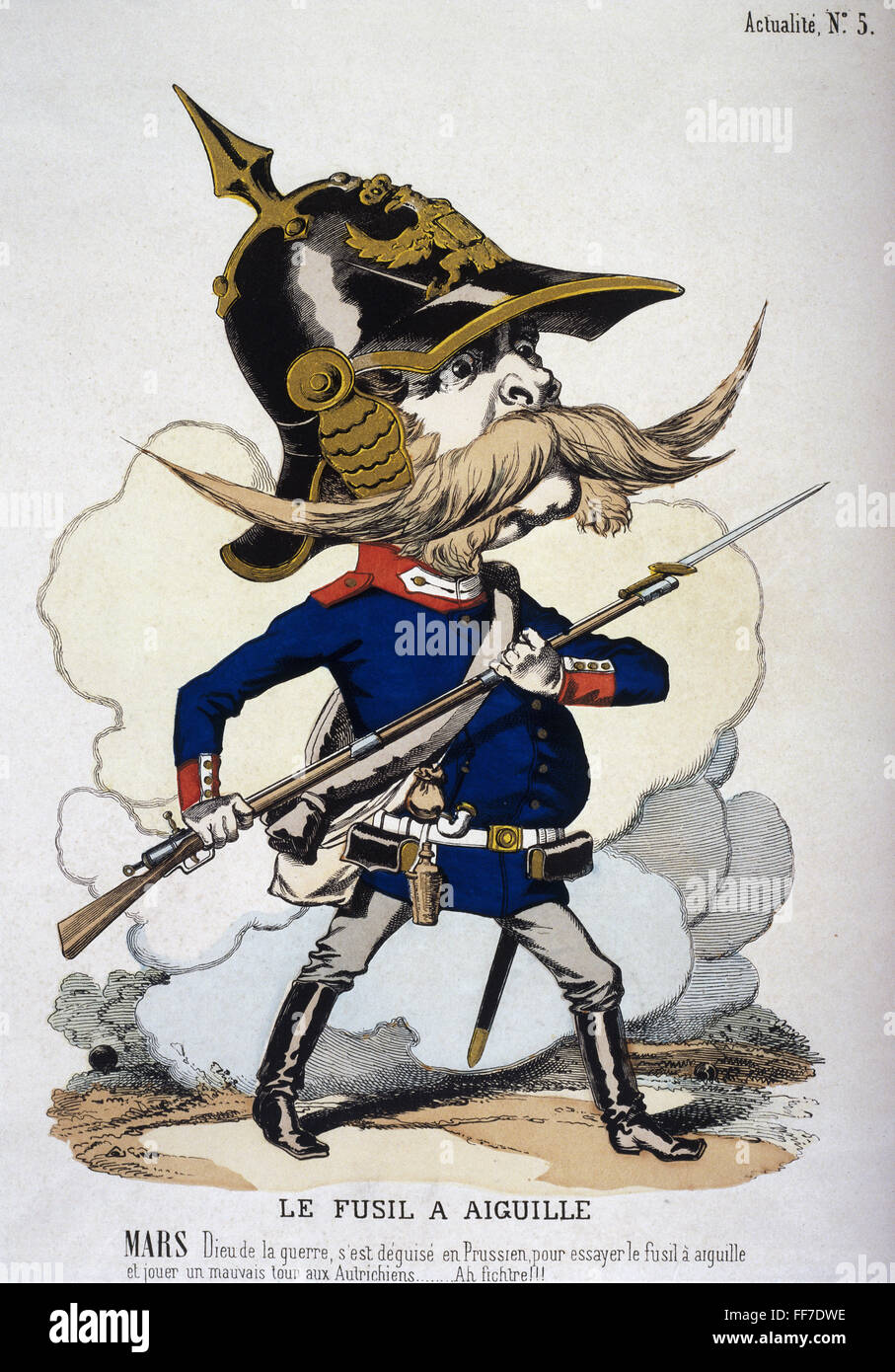 Caricature, politica, 'la pistola ad ago Dreyse', litografia colorata, Pinot e Saqaire, Epinal, Francia, circa 1866, diritti aggiuntivi-clearences-non disponibili Foto Stock