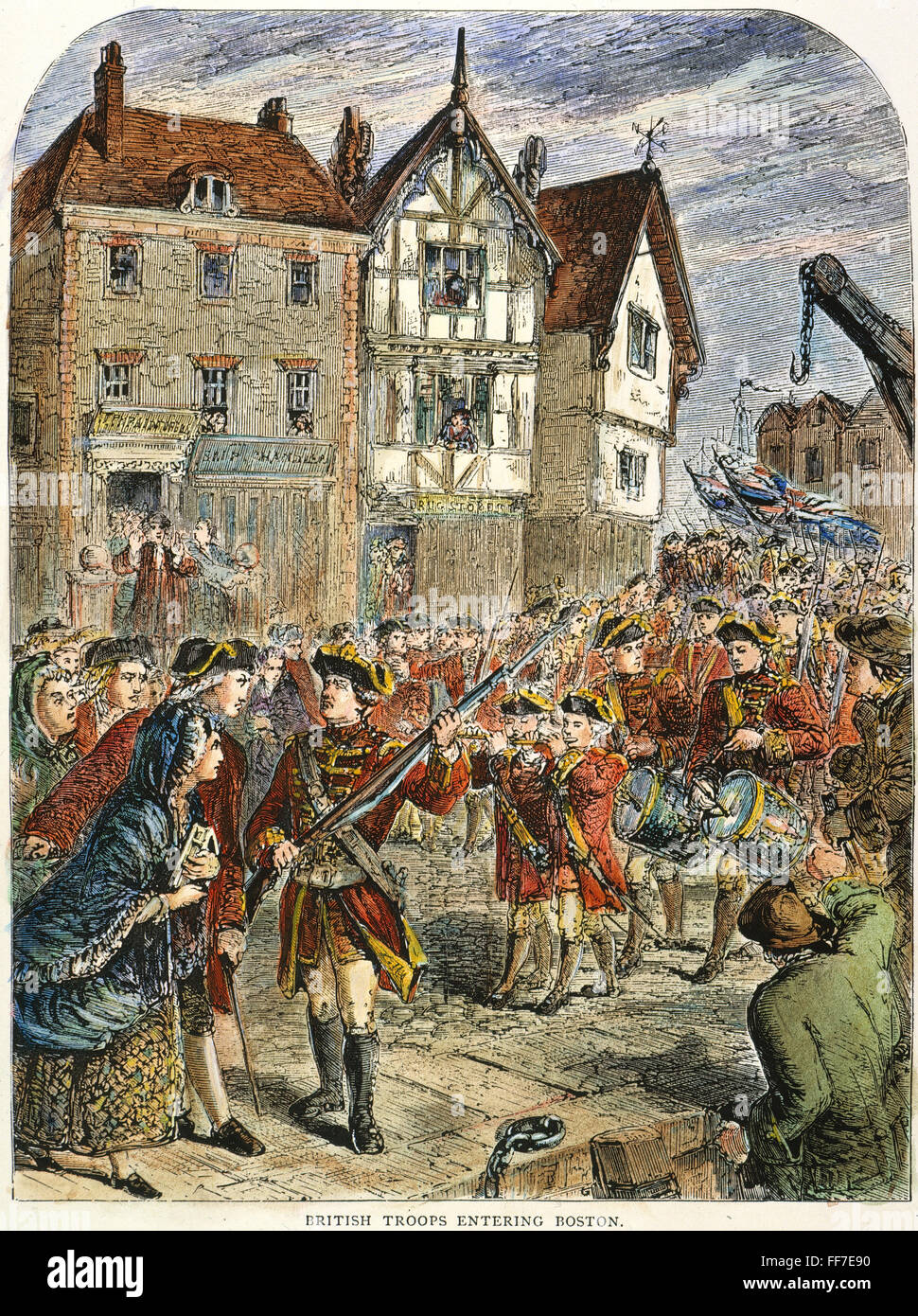 BOSTON: occupazione, 1768. /Nil occupazione di Boston, Massachusetts, da due inglesi reggimenti di fanteria e i treni di artiglieria il 1 ottobre 1768. Incisione a colori, XIX secolo. Foto Stock