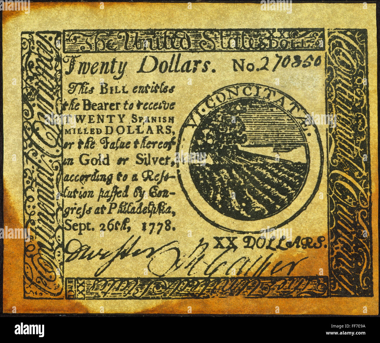 CONTINENTAL banconota, 1778. /NUnited membri una moneta continentale venti dollar banconota, 1778. Foto Stock