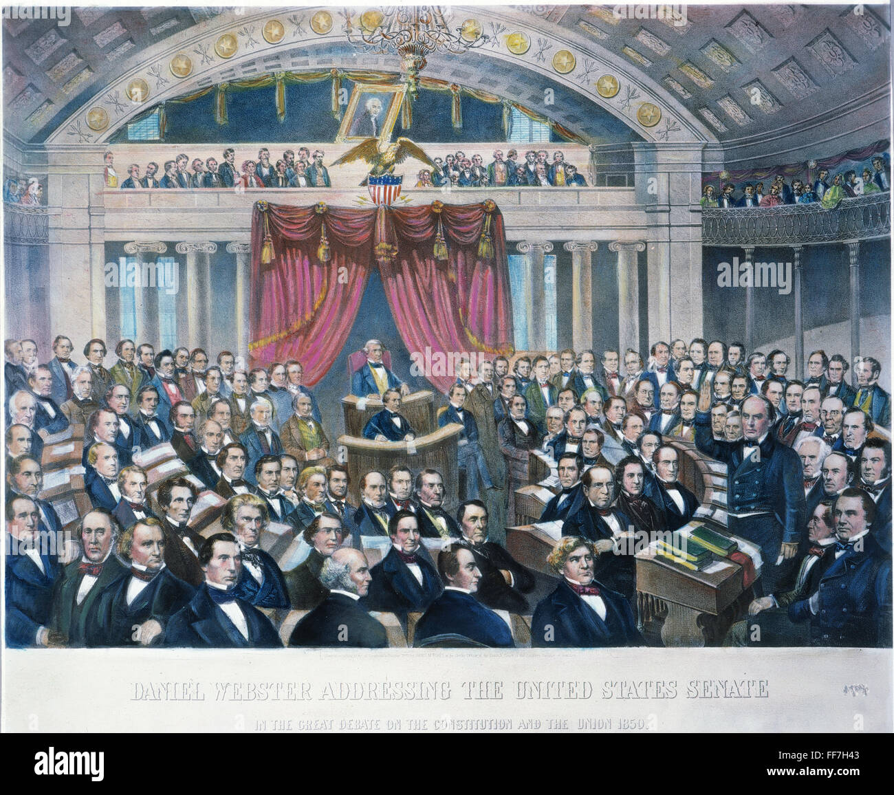 DANIEL WEBSTER (1782-1852). /NAmerican avvocato e statista. Rivolgendosi al Senato degli Stati Uniti nel grande dibattito sulla costituzione e l'Unione europea, 1850. American litografia, 1860. Foto Stock