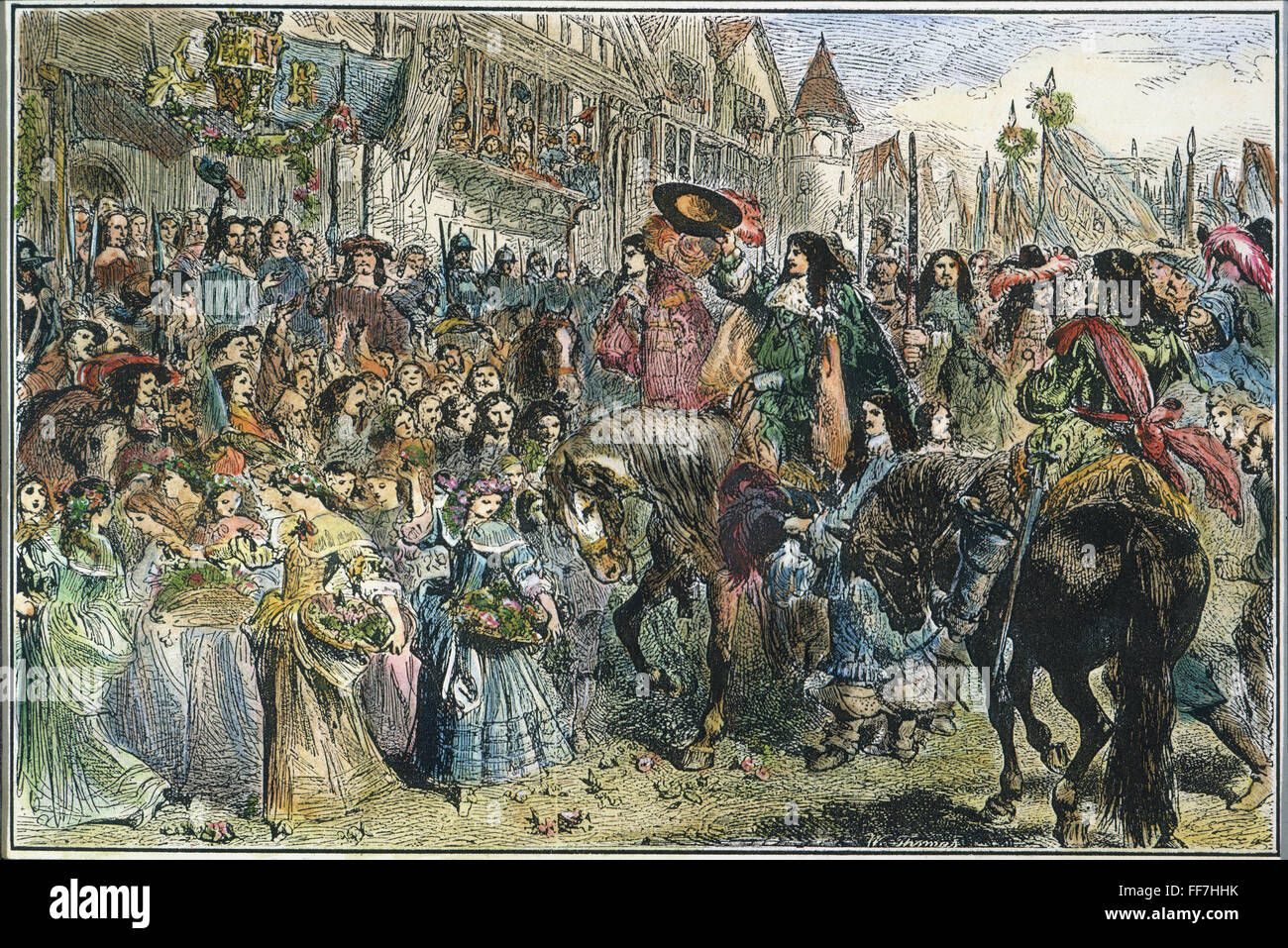 Entrata del re Carlo II /nof Inghilterra a Londra il 29 Maggio 1660: colorati, incisione del XIX secolo. Foto Stock