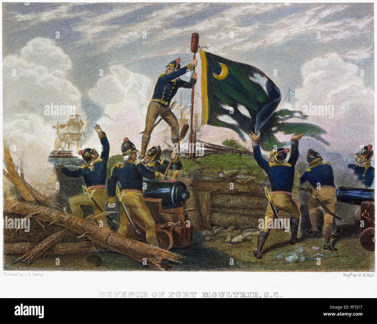 Battaglia di FORT MOULTRIE. /NSergeant William Jasper sostituendo i colori durante il British attacco a Sullivan's Island (Fort Moultrie) all'ingresso a Charleston (S.C.) Harbour, 28 Giugno 1776: colorati, incisione del XIX secolo. Foto Stock