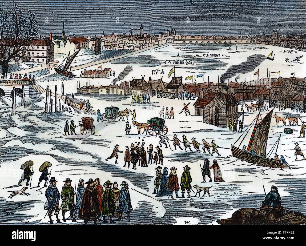 Il Tamigi: FROST FAIR, 1684. /Nil Frost Fair sulla congelati Tamigi in Inghilterra durante l'inverno severo del 1683-84. Incisione su legno, secolo XIX, dopo una xilografia contemporanea. Foto Stock