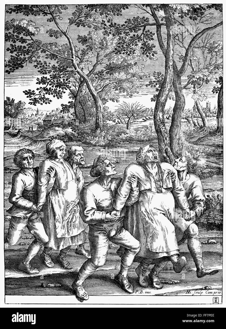 Huntington isteria, 1642. /NVictims dell'isterico dancing mania del tardo Medioevo (St. Vitus dance/Huntington). La linea di incisione, 1642, dopo Peter Bruegel il Vecchio. Foto Stock