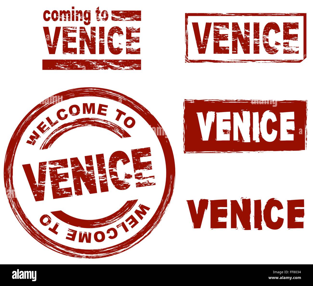Set di inchiostro stilizzata timbri che mostra la città di Venezia Illustrazione Vettoriale