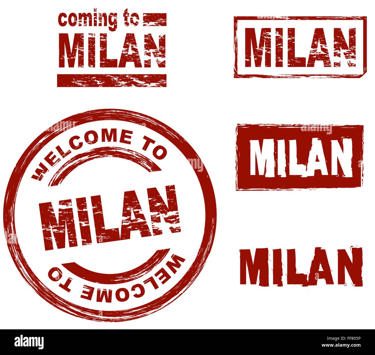 Set di inchiostro stilizzata timbri che mostra la città di Milano Illustrazione Vettoriale