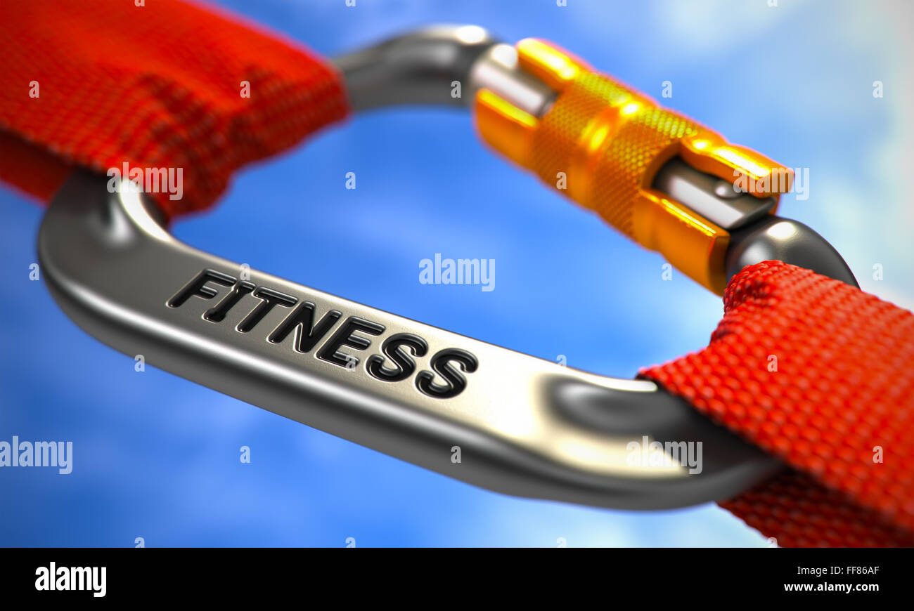 Chrome moschettone gancio con testo di fitness. Foto Stock