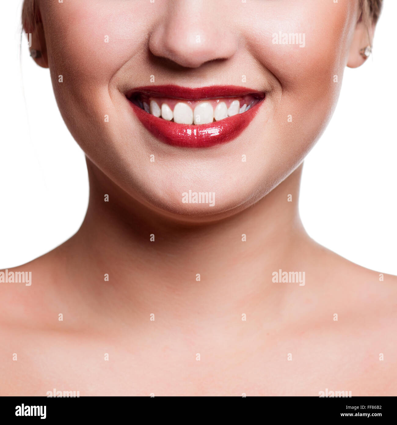 Donna sorridente. Lo sbiancamento dei denti. Per le cure dentarie. Foto Stock