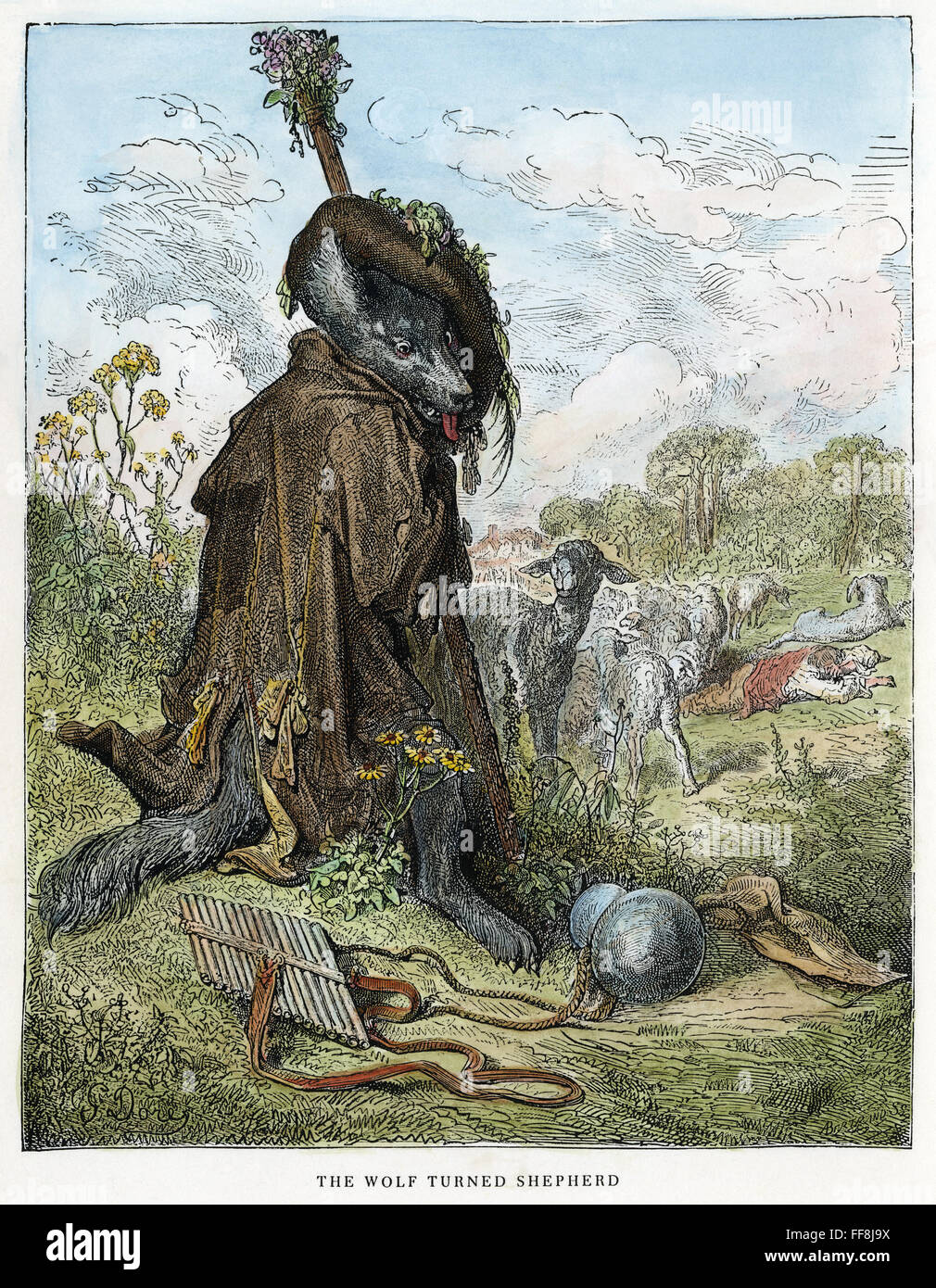 LA FONTAINE: Wolf. /N'Tegli Wolf girato pastore.' incisione su legno dopo Gustave DorΘ per "l' favole di Jean de La Fontaine, c1870. Foto Stock