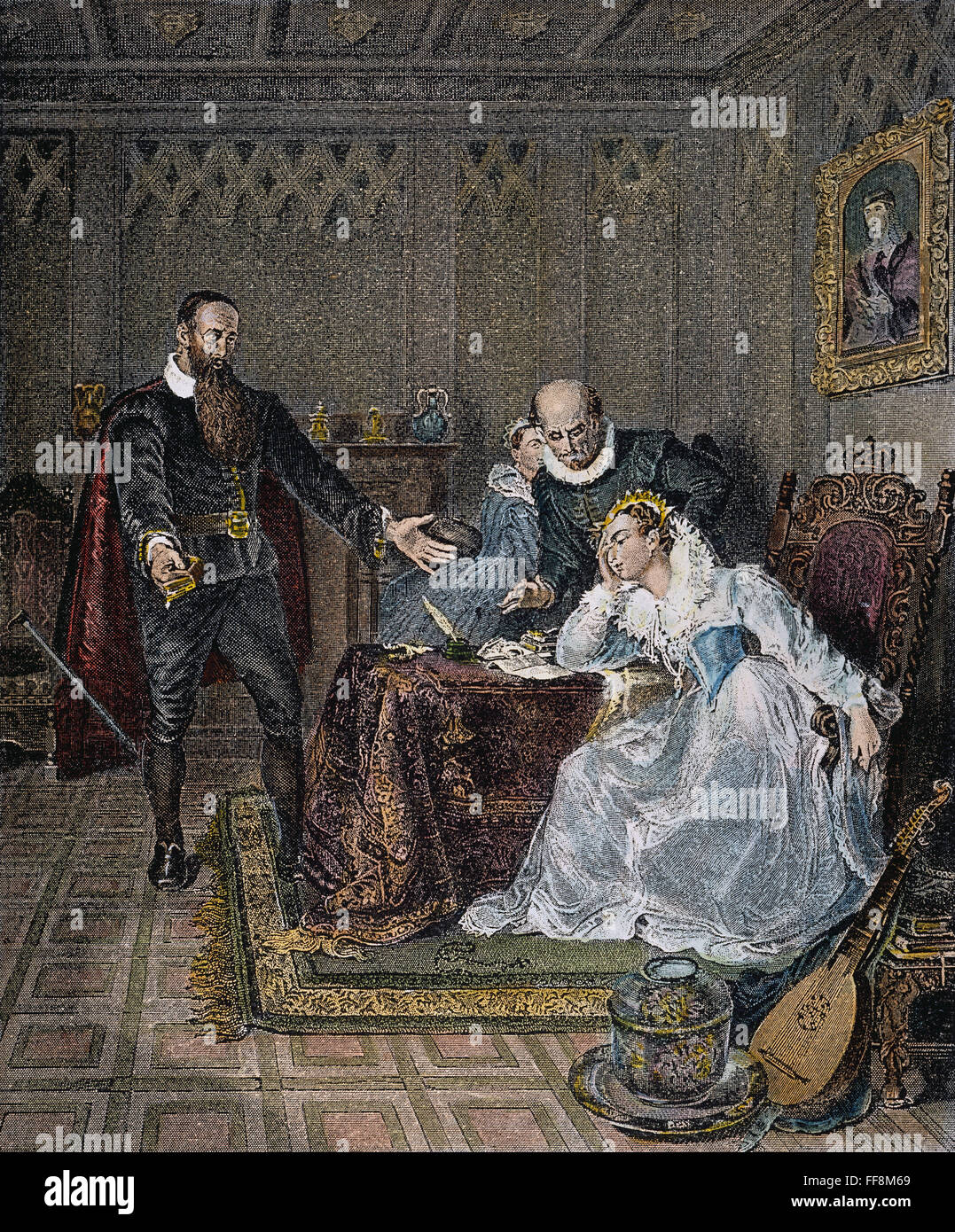 JOHN KNOX (1513-1572). /NScottish riformatore religioso. In polemica con Maria Regina di Scozia, riguardanti il suo desiderio di sposare il principe spagnolo Don Carlos e mantenere la Scozia cattolica. Incisione in acciaio, xix secolo. Foto Stock