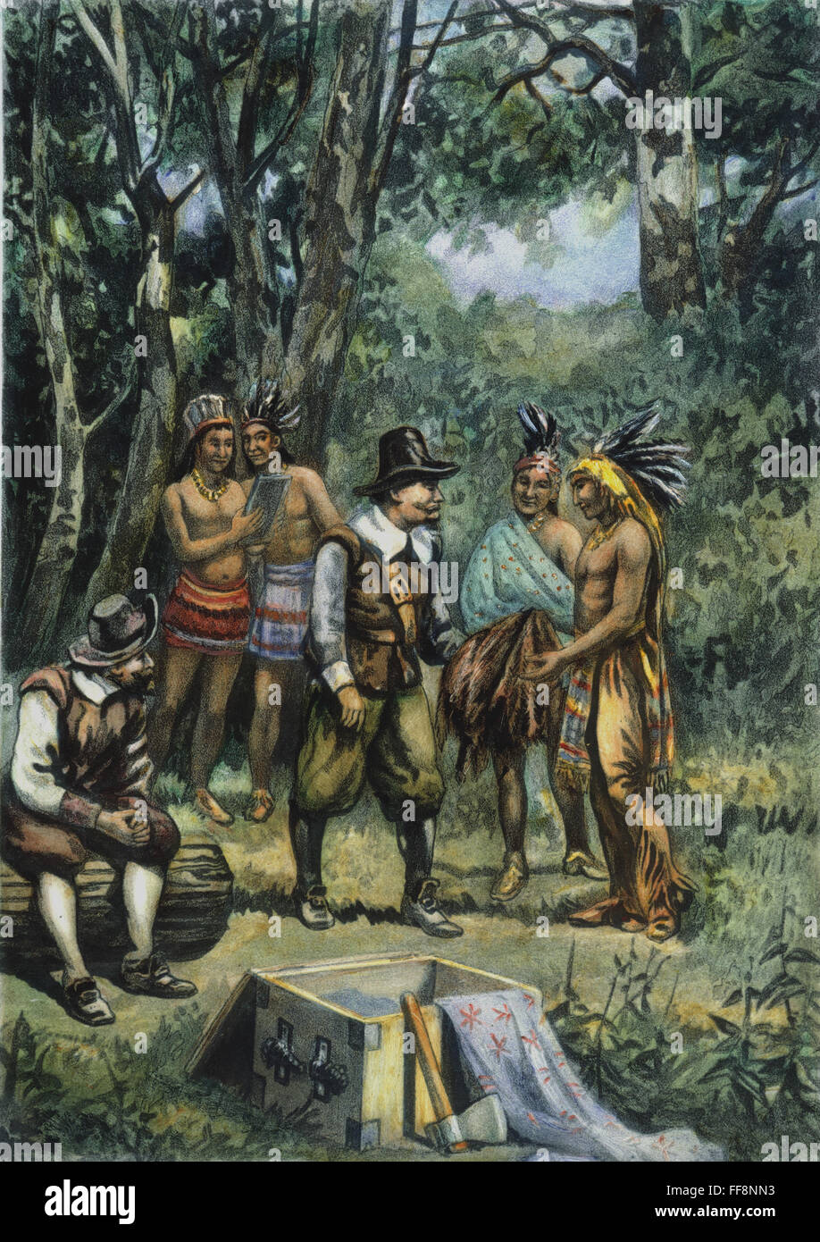 Commercio di pellicce. /NDutch coloni in America trading con i nativi americani. American litografia, 1893. Foto Stock