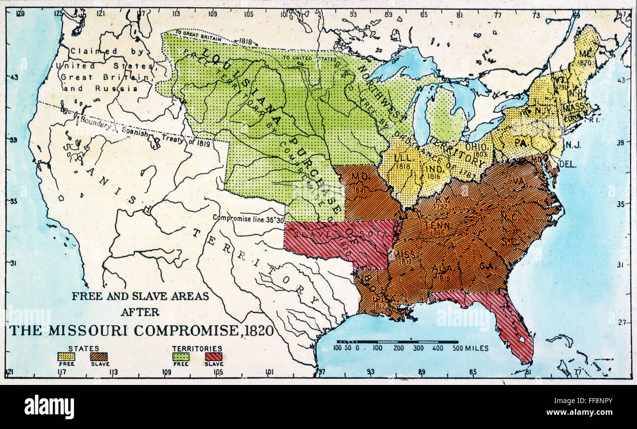 MISSOURI COMPROMESSO, 1820. /NMap degli Stati Uniti che mostra la libera e schiavo degli stati e dei territori in seguito al compromesso del Missouri di 1820. Foto Stock