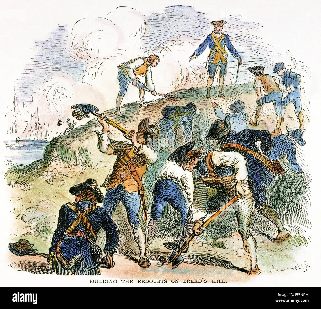 La battaglia di Bunker Hill, 1775. /NBuilding le fortezze sulla razza Hill nella battaglia di Bunker Hill, 17 Giugno 1775: American incisione, xix secolo. Foto Stock