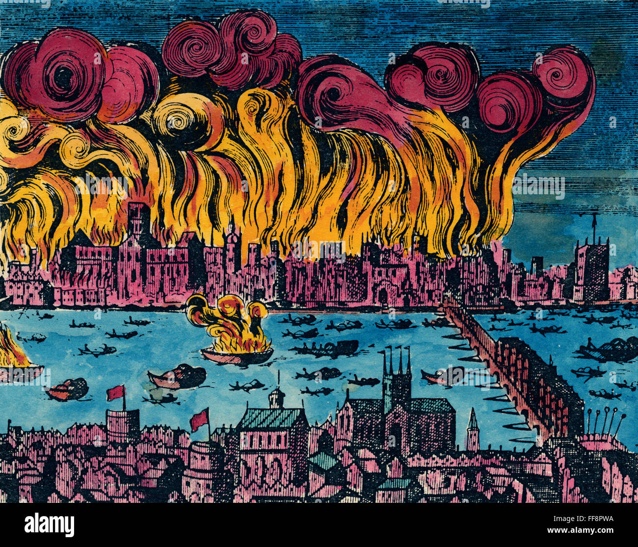 Grande Incendio di Londra, 1666. /Nil Grande Incendio di Londra, 1666, che distrusse 13,200 case e 89 chiese ma con un totale numero di morti di sei persone. Incisione contemporanea. Foto Stock