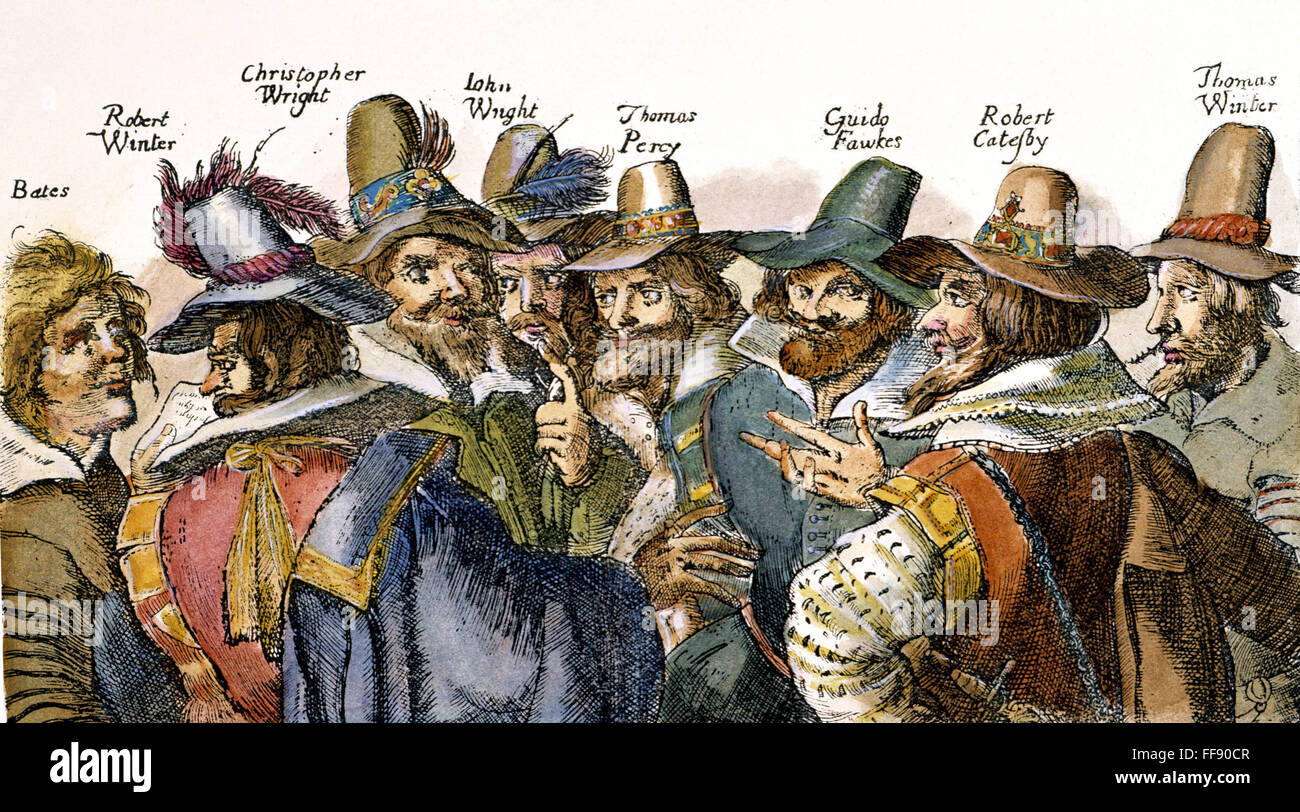 GUY FAWKES (1570-1606). /NFawkes (terzo da destra) e 'Grafico di polvere da sparo' cospiratori. Attacco, 1605. Foto Stock