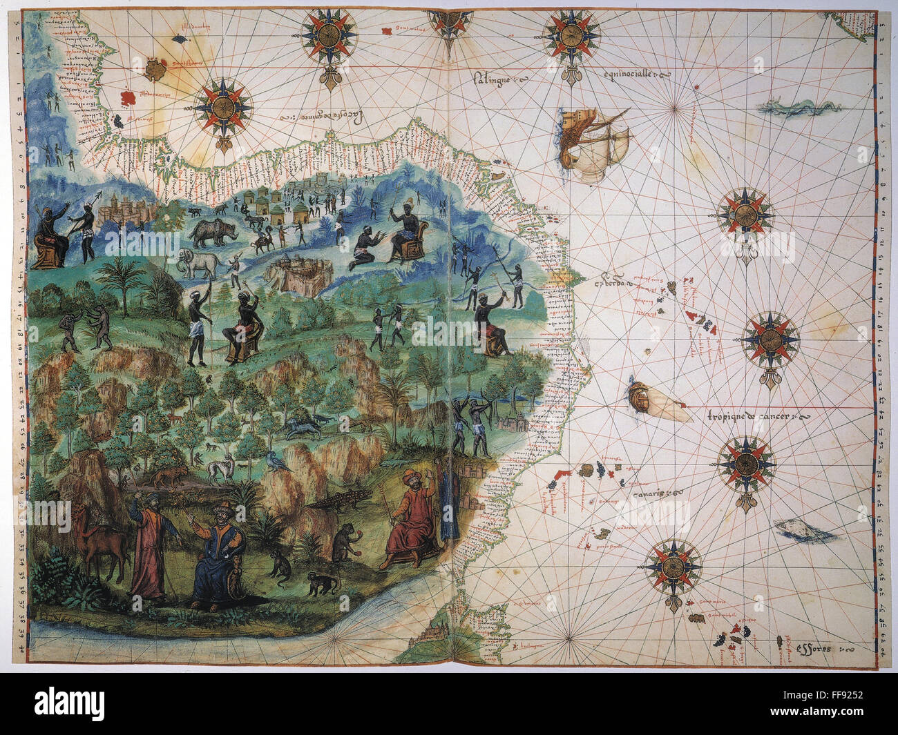 Mappa di West Africa, c1547. /Ndal Vallard Atlas; mappa tracciata 'Capovolto' come se visto dall'Europa, raffigura la fortezza di trading di Sao Jorge da Mina sul African Gold Coast. Foto Stock