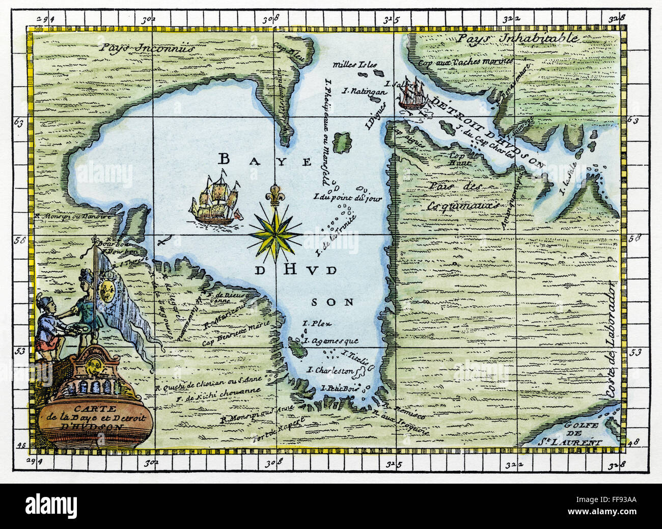 Baia di Hudson mappa, 1722. /NEngraved grafico francese, 1722, del Canada settentrionale, dotate della Baia di Hudson. Foto Stock