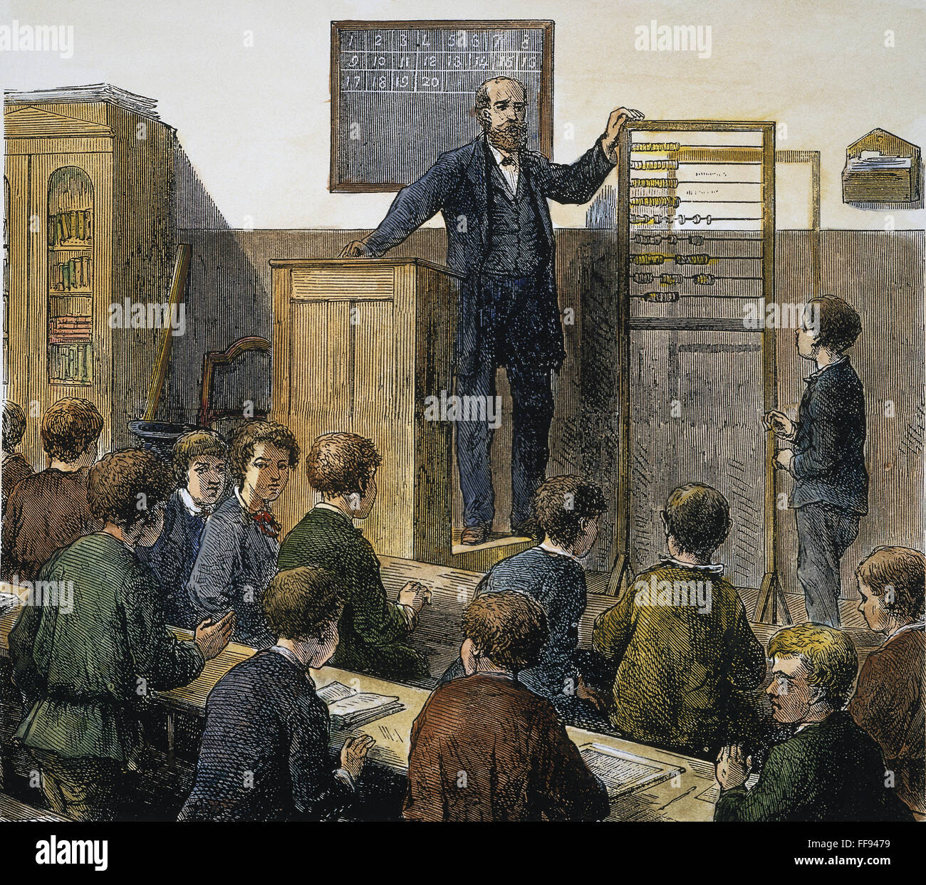 Scuola elementare. /NA matematica lezione nell'uso di un abaco presso una scuola elementare a Berlino, Germania. Incisione su legno, fine del XIX secolo. Foto Stock