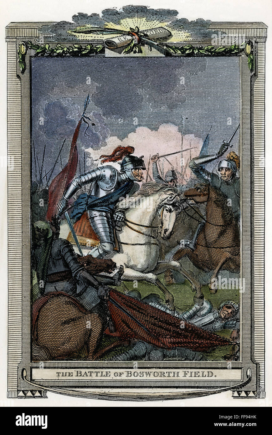 Enrico VII (1457-1509). /NKing di Inghilterra, 1485-1509. Henry (centro, sul cavallo bianco) nella battaglia di Bosworth Field, 22 agosto 1485. Incisione su rame, inglese del XVIII secolo. Foto Stock