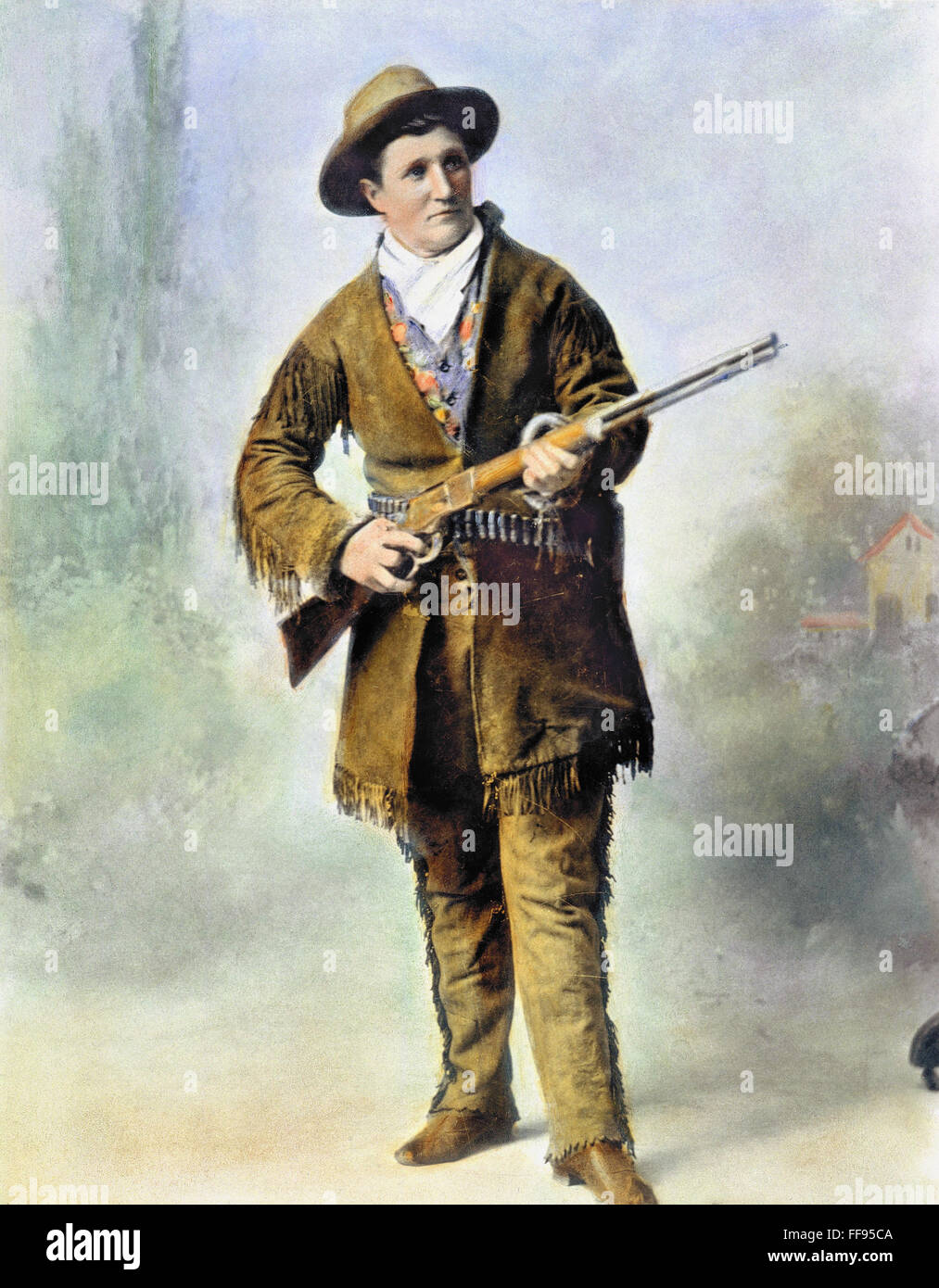 CALAMITY JANE (c1852-1903). /NMartha Jane Canary Burke, noto come 'Calamity Jane.' frontiera americana carattere. Olio Sopra una fotografia, 1895. Foto Stock